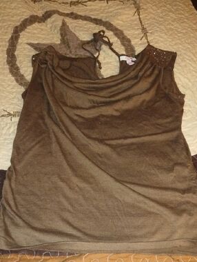 Lena Brown Draped Neck Tank with Shoulder Studs